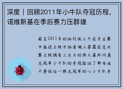 深度｜回顾2011年小牛队夺冠历程，诺维斯基在季后赛力压群雄